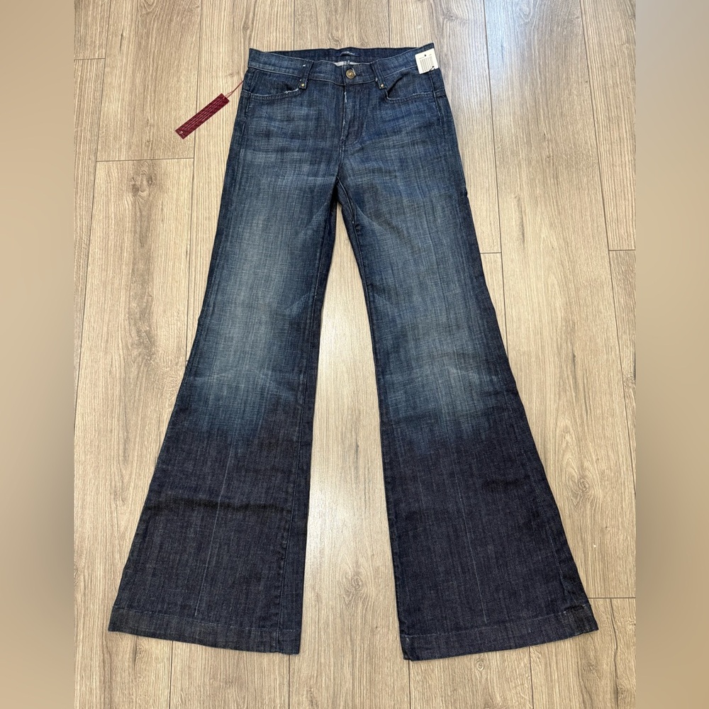 7FAM Trouser Flare Leg Denim‎ Jeans Dark Wash Buckle Back Wide High Rise NWT 27